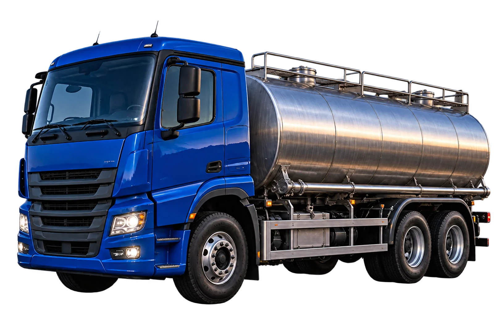 Illustrative blue water tanker with a polished silver tank